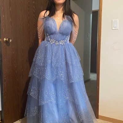 Dreamy Starry Blue Prom Dress Sparkly Rhinestone Applique Party Dress ...