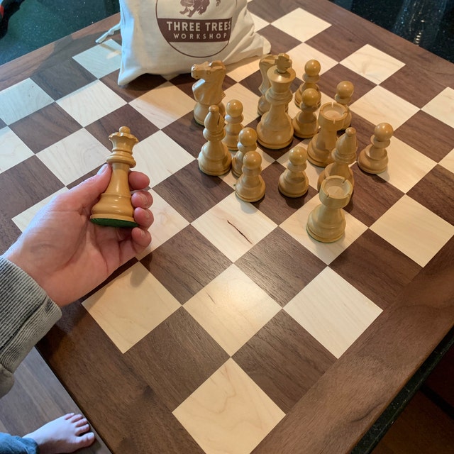 Tournament size wooden chess board with carved border and wooden pieces —  Three Trees Workshop