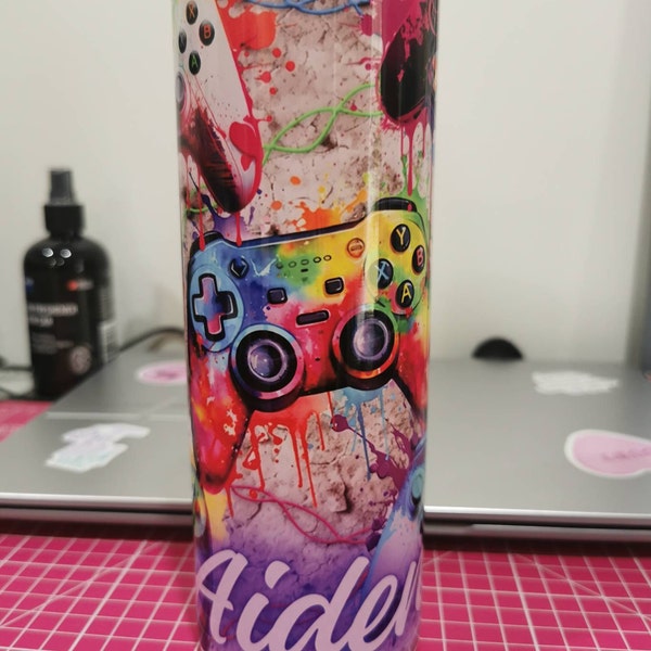 Gamer 20oz Skinny Tumbler Sublimation Design Neon Video Game Controller ...