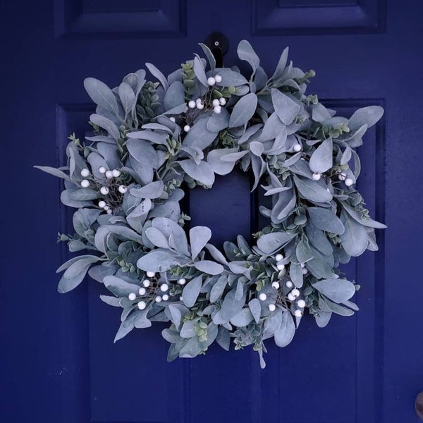 Year Round Lamb's Ear and Eucalyptus Wreath With White Berries, Winter ...
