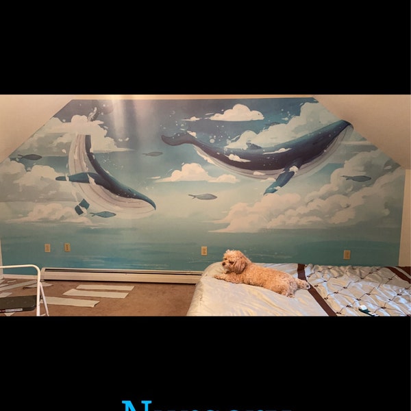Blue Whale Wallpaper Ocean Motif Nursery Decor Removable Flying Whale ...