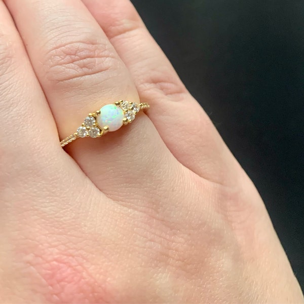 White Opal Ring, Opal Stacking Ring, White Opal and CZ Ring, Dainty ...