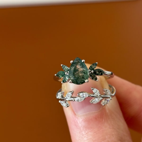 Pear Shaped Moss Agate Engagement Ring Set Vintage Rose Gold Moissanite ...