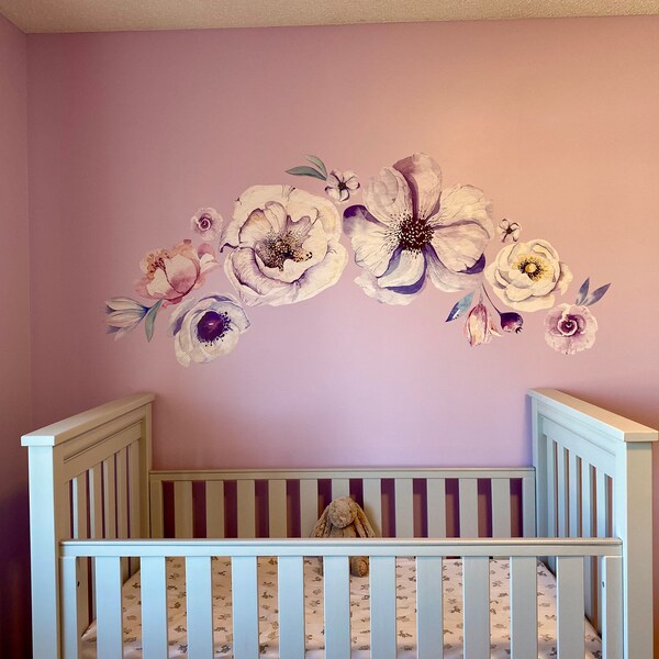 Purple Floral Wall Decals, Peony Flower Wall Decals Nursery, Watercolor ...