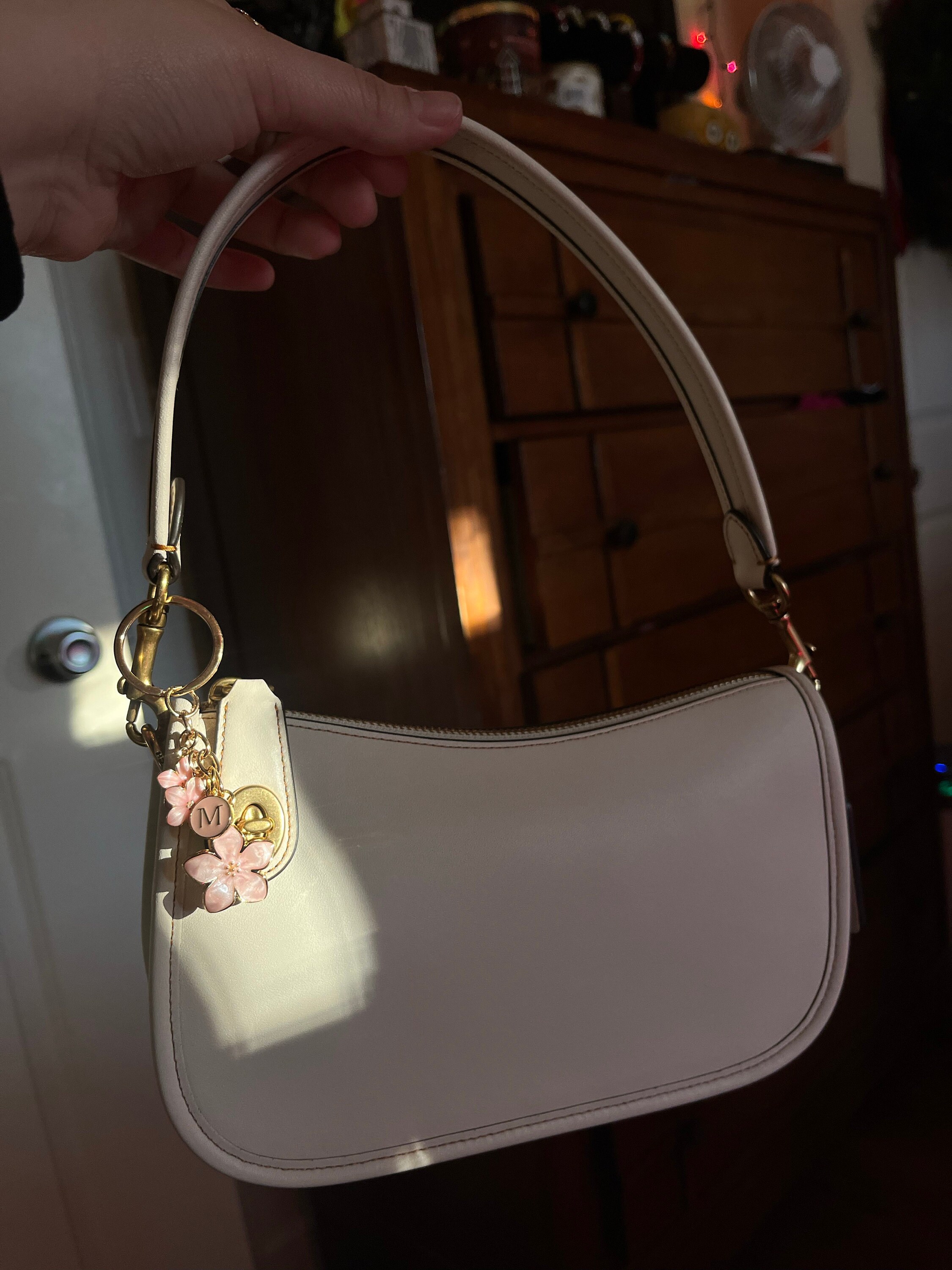 Cherry Blossom Pink/White Flower Charms Keychain with Custom Name Initial