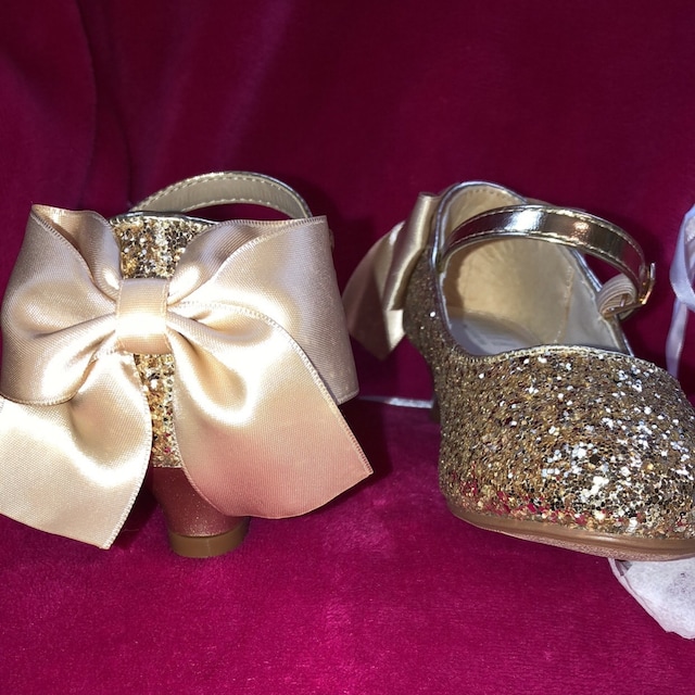 Girls Glitter Heel Shoes GOLD Rock Glitter mary jane heels with added satin bow Flower Girl shoes and Princess Shoe Girls Glitter Heel Shoes GOLD Rock Glitter mary jane heels with added satin bow Flower Girl shoes and Princess Shoe