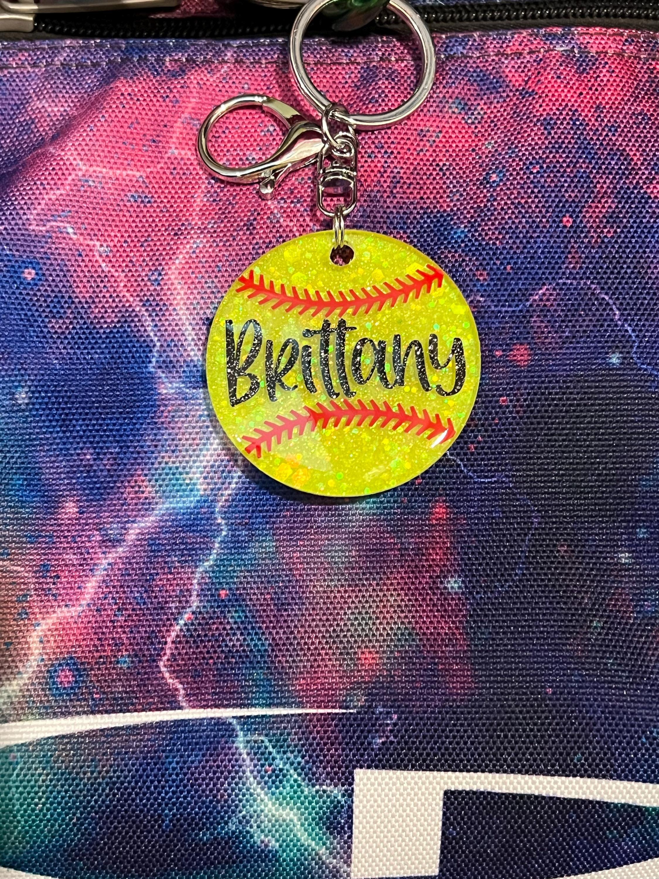 Custom, Glitter Softball Keychain/Bag Tag