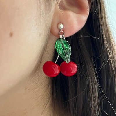 Orecchini Pendenti A Ciliegia Rossa 3D Per Donna | Frutta In Lega E Resina, Ipoallergenici | Gioielli Originali A Forma Di Ciliegia Con Viticcio