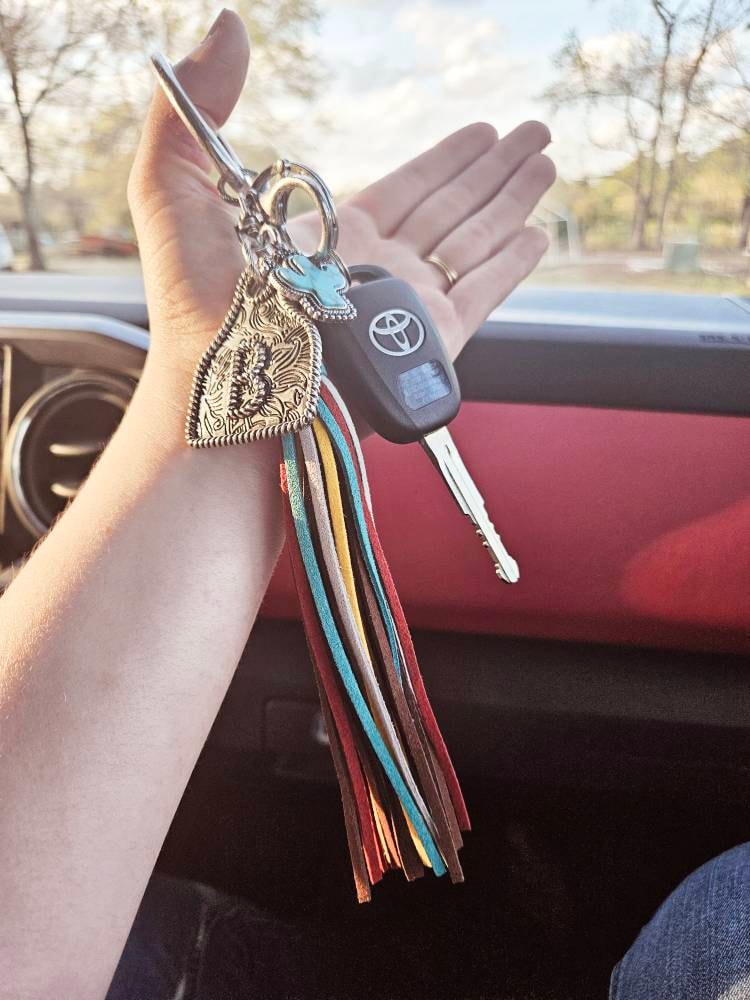 Initial Monogram Keychain/ Turquoise Charm/Initial Cattle Ear Tag Keychain/multi color tassel fringe keychain