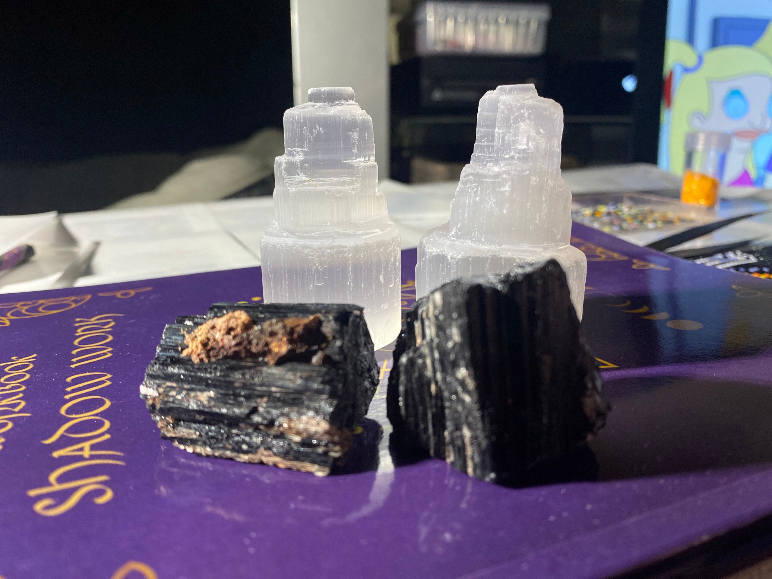 2 Selenite Towers & 2 Extra Grade Black Tourmaline Logs: Home Protection Kit