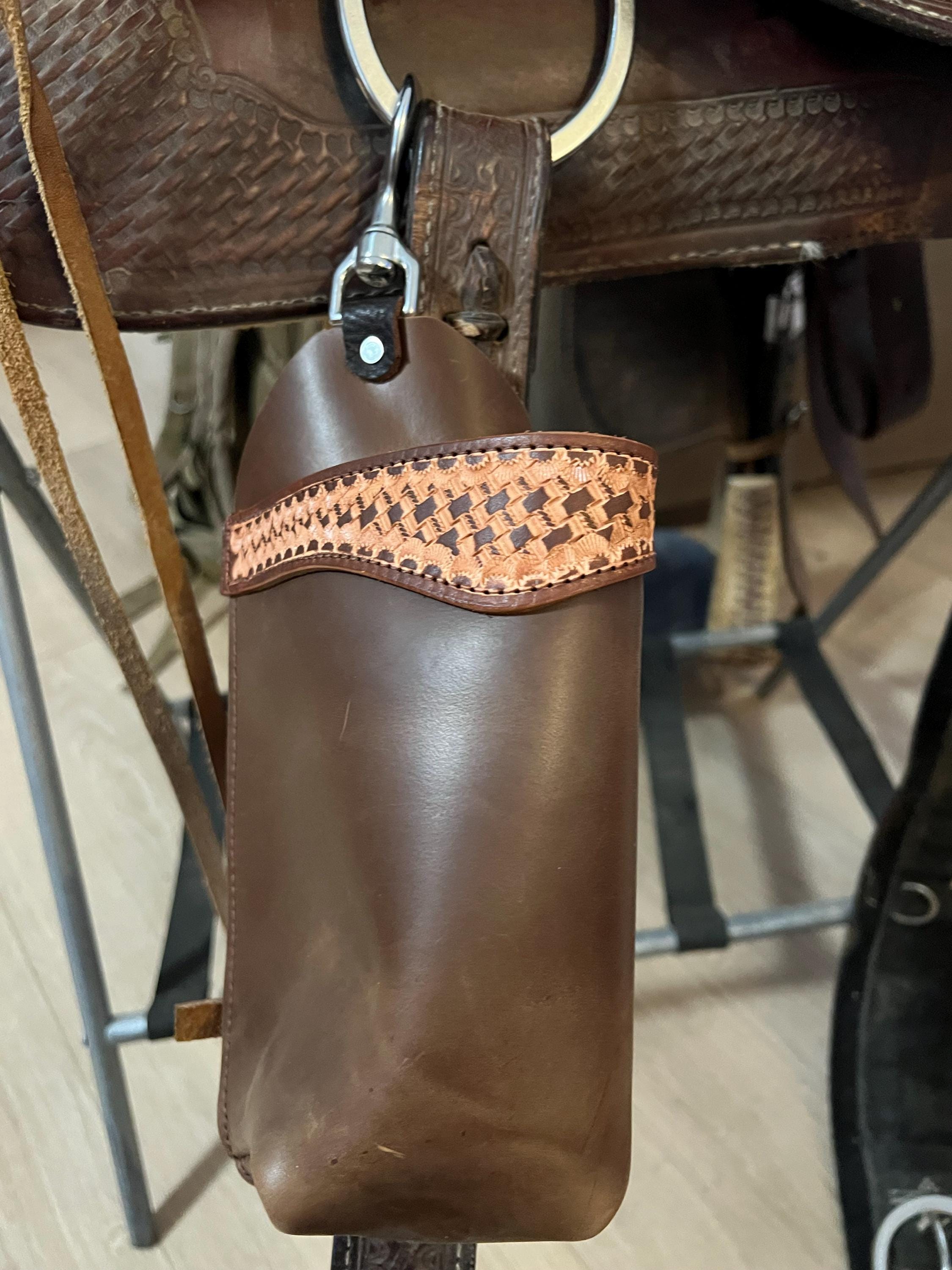 Leather Bottle Holder, Hand Tooled Trim, Travel Mug, Horn Bag, Clip to Saddle , Amish Handmade, Saddlebag Brown, Made in USA, Tie Down Strap