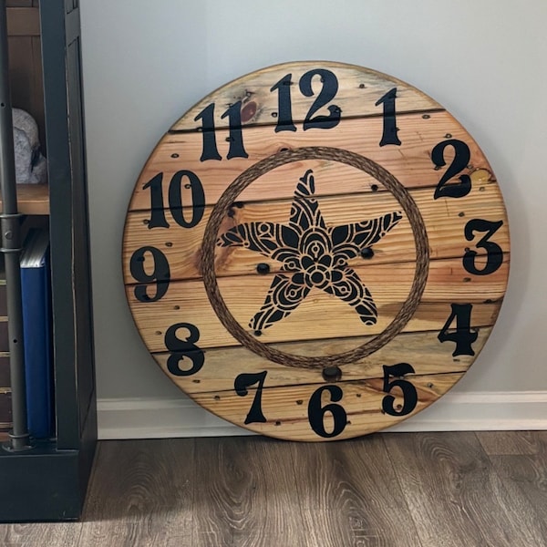 Farmhouse Wood Spool Wall Clock 20 to 36 IN Round Wooden Clock ...