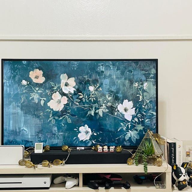 Flower Painting Frame TV Art, Antique Dark Green Peach Wildflower