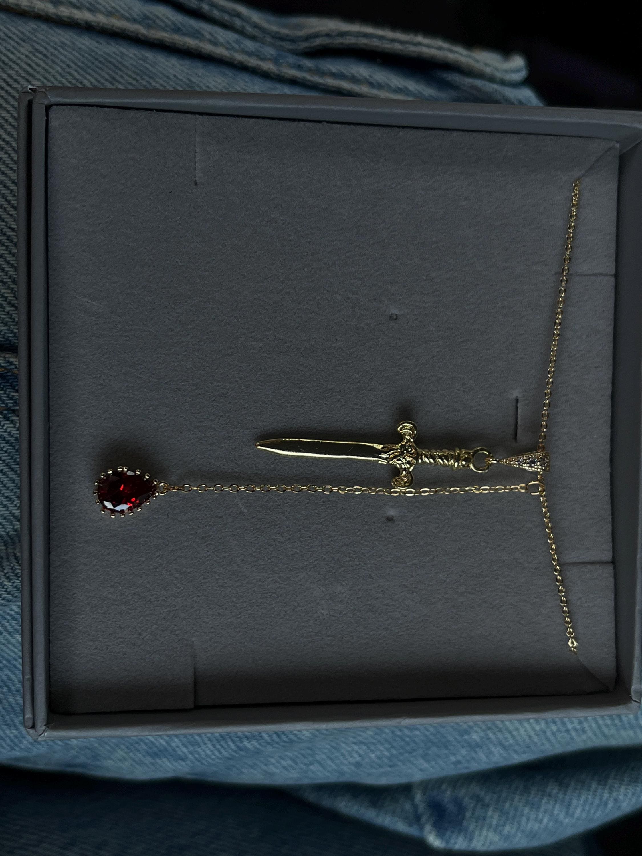 Sword and Blood Drop Necklace / Gold or Silver, Black Deep Red Teardrop Necklace