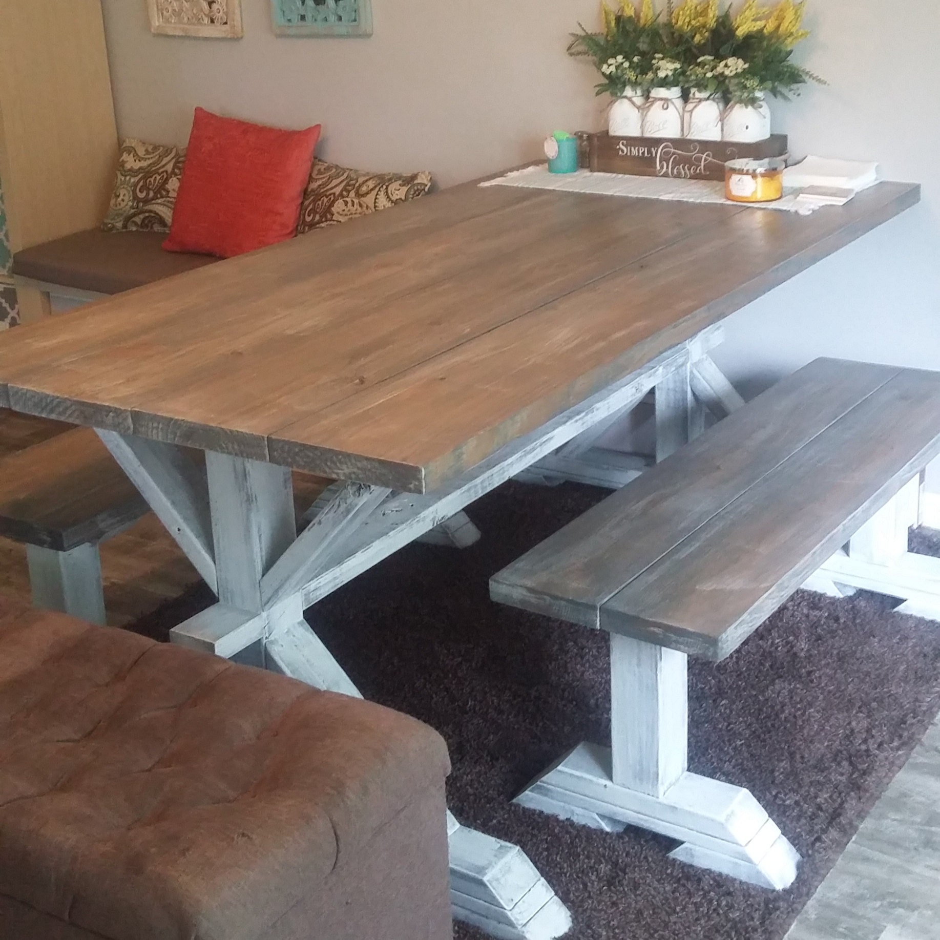 Rustic Pedestal Farmhouse Table With Benches Gray White Wash With White Distressed Base Dining Set