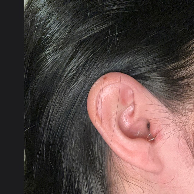 Tragus piercing jewelry top is inside my ear. Only painful when I try to  pull it out through the back. Piercing shops are closed today (columbus day  / indigenous people's day), should