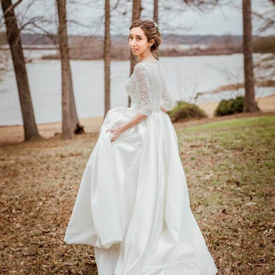 Satin Wedding Dress ball Gown Simple Wedding Dress Long Sleeve Wedding ...