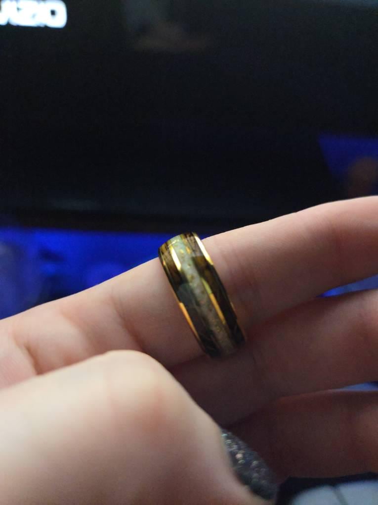 Whiskey Barrel Ring with Gold and Opal Accent Mens Engagement Promise or Wedding Band. Wood Wedding Ring with whiskey wood, opal and gold