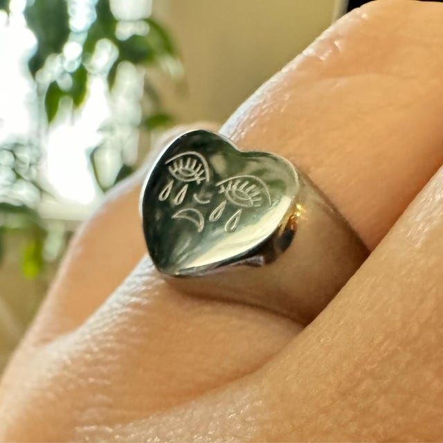 Crying Heart Tattoo Ring Silver Solid Stainless Steel Signet Heart