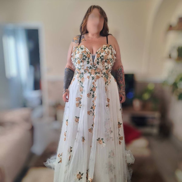 Fairy Dusty Blue Tulle Floral Lace Boho Prom Dress
