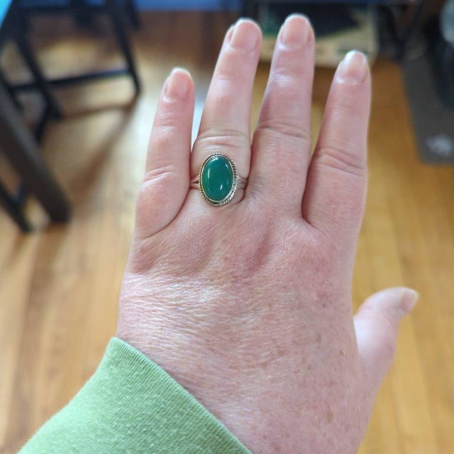 55Carat Oval Natural Green Onyx Ring - Sterling Silver Handmade, Sizes 4-12, Customizable Jewelry