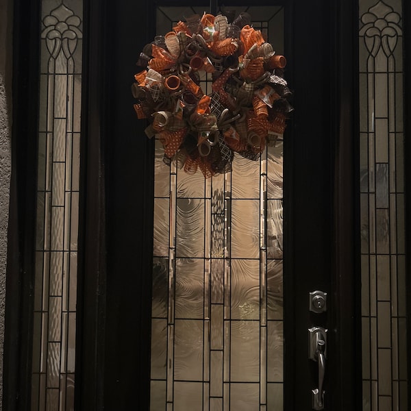 Fall Thanksgiving Mesh Front Door Wreath - Orange Brown Burlap Wreath ...