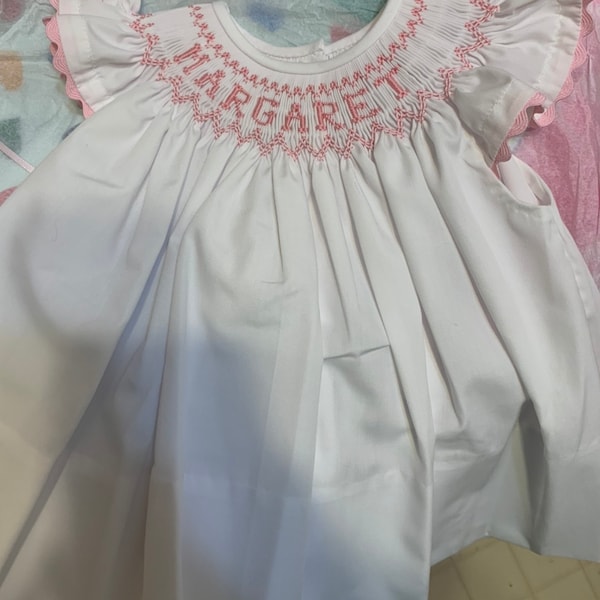 Smocked Dress/personalized/name/white/pink/pink Rick Rack Angel Sleeves ...