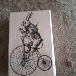 Alice in Wonderland Rubber Stamp Rabbit on Victorian Bicycle