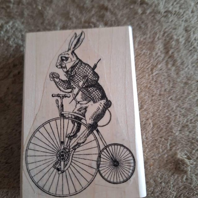 Alice in Wonderland Rubber Stamp Rabbit on Victorian Bicycle