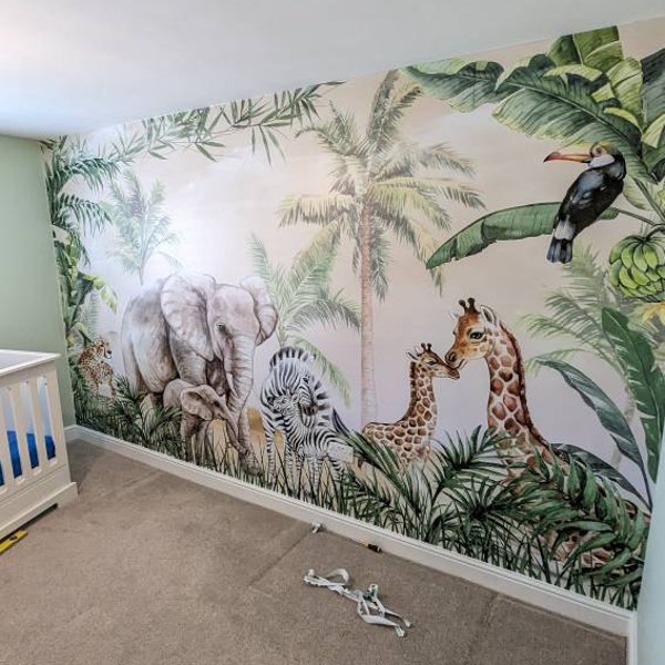 Kids Wallpaper Peel and Stick | Safari Animals With Baby Wall Mural - Etsy