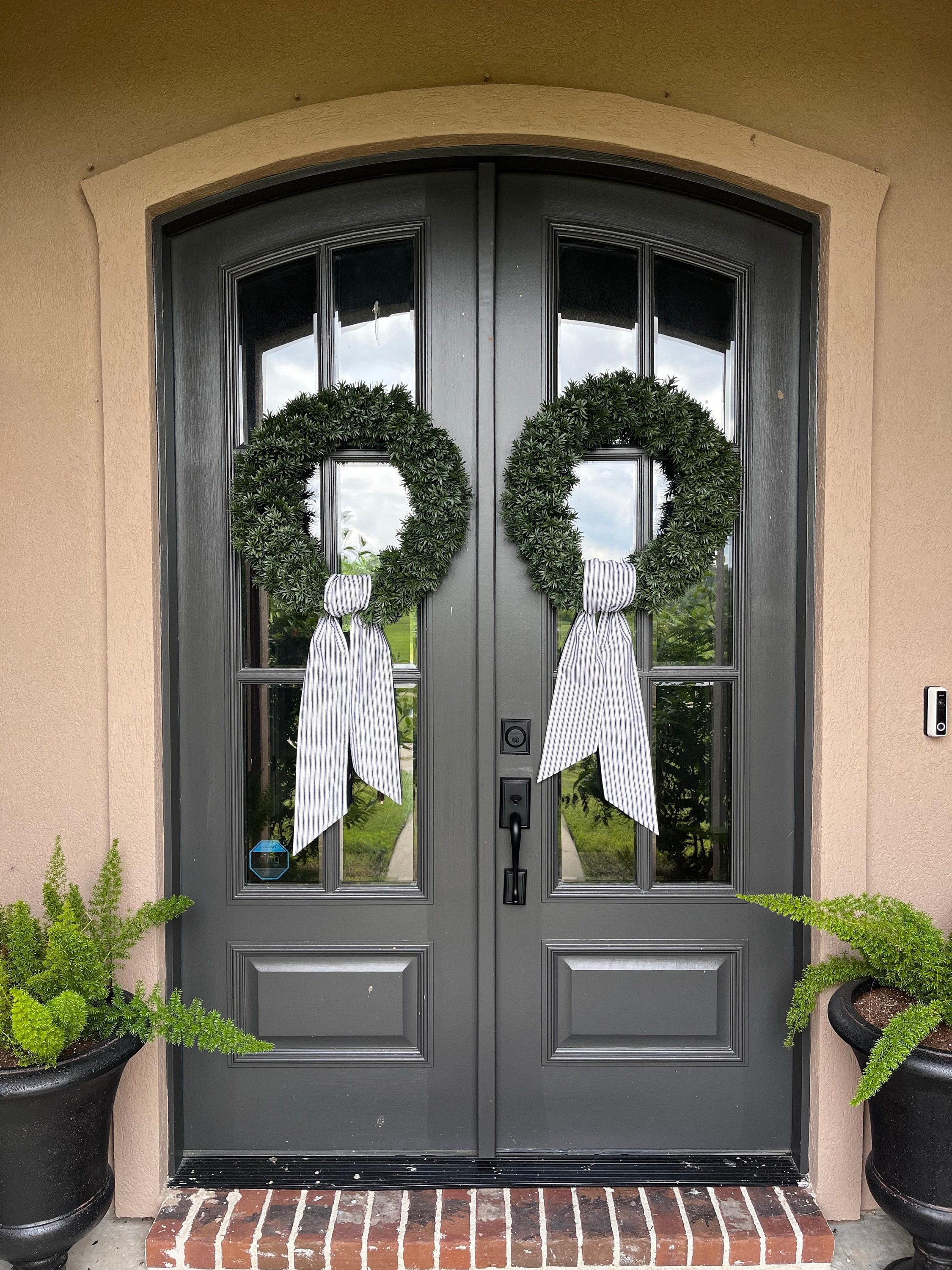Personalized Black Ticking Stripe Wreath Sash for Front Door, Modern Farmhouse Decor, Striped Embroidered Scarf for Boxwood Wreath, Birthday Gift for Friend