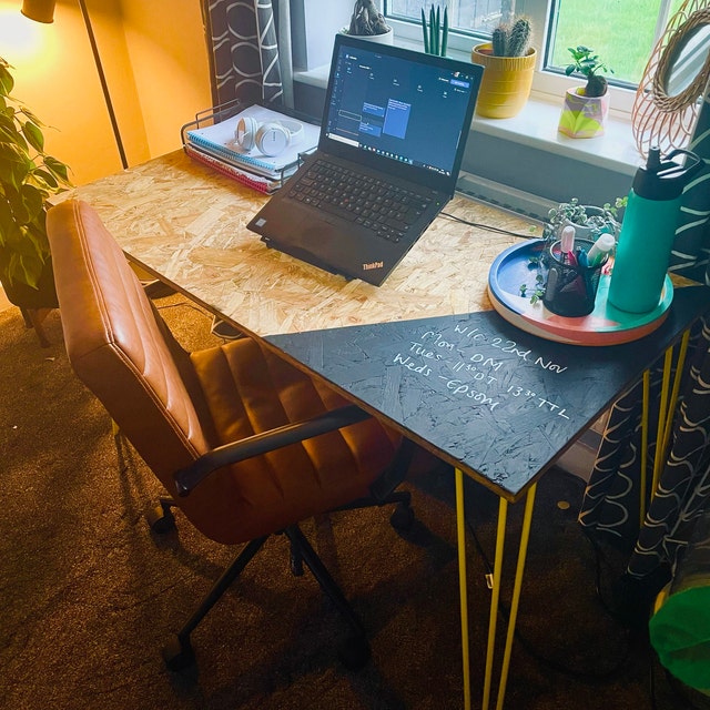 OSB Industrial Desk With Yellow Steel Hairpin Legs and Chalk Board