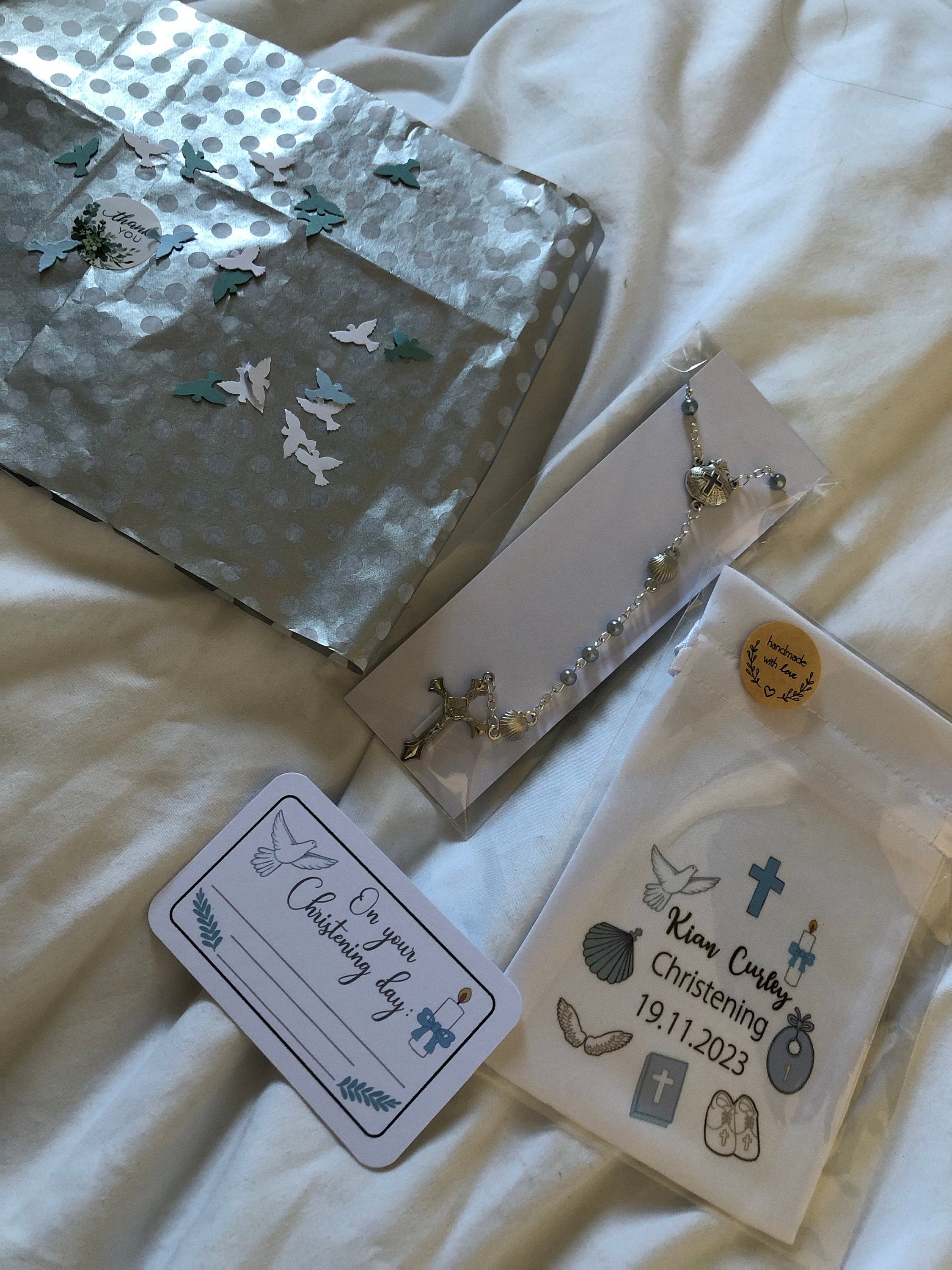 Christening Gift Set for boy : rosary, bag & gift tag / boy Baptism gift / boy Christening present / nephew Christening / Godchild gift