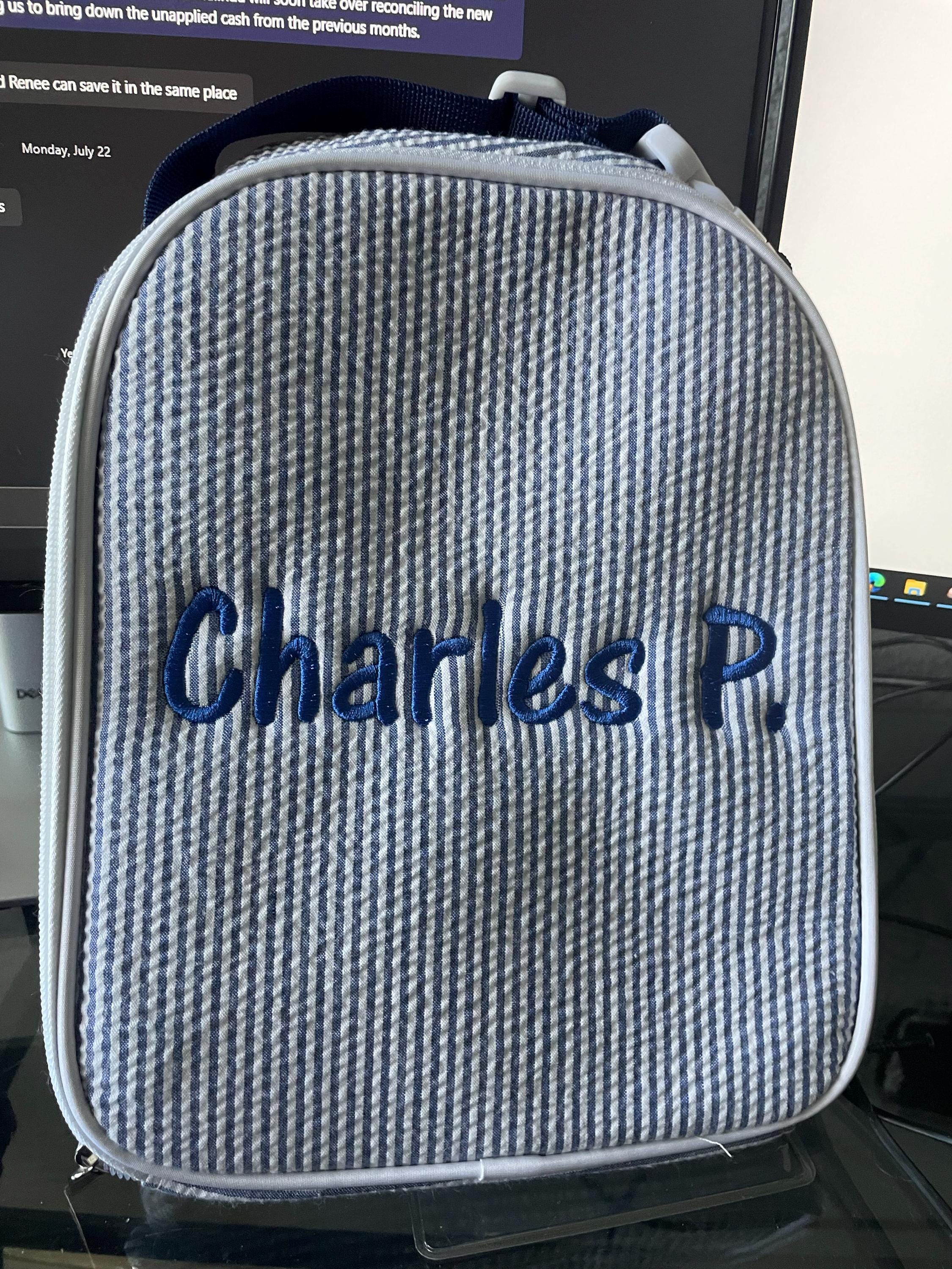 Monogrammed Seersucker lunch bag, Seersucker Lunch tote, Lunch bag, lunch bag with name, personalized lunch bag, monogrammed lunch box