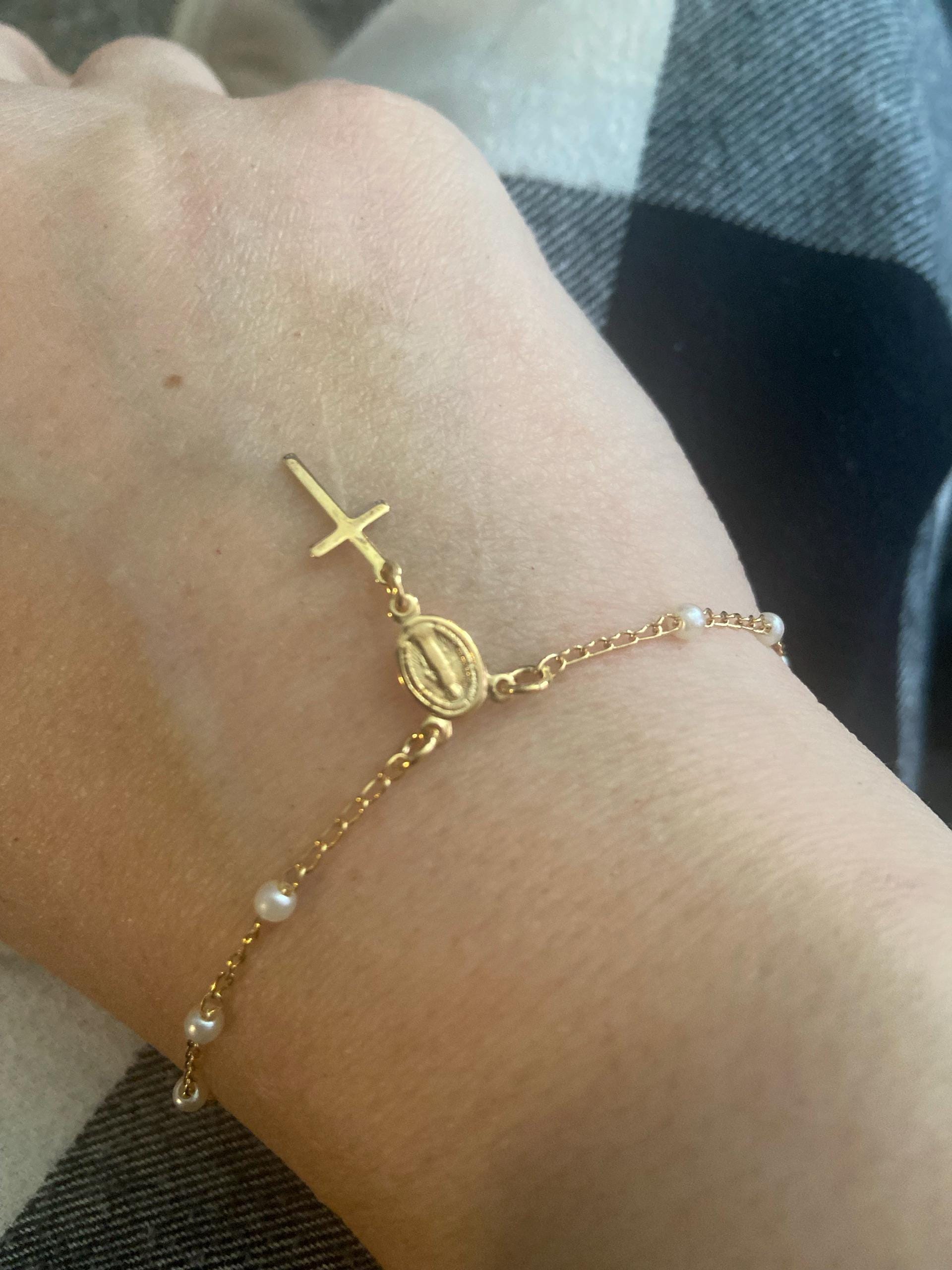 18k Dainty Gold Filled Beaded Pearl Satellite Rosary Bracelet with Virgin Mary and Crucifix Charm