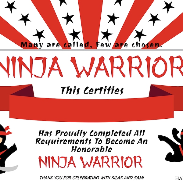 Ninja Kids Party Certificate of Completion Template - Custom ...