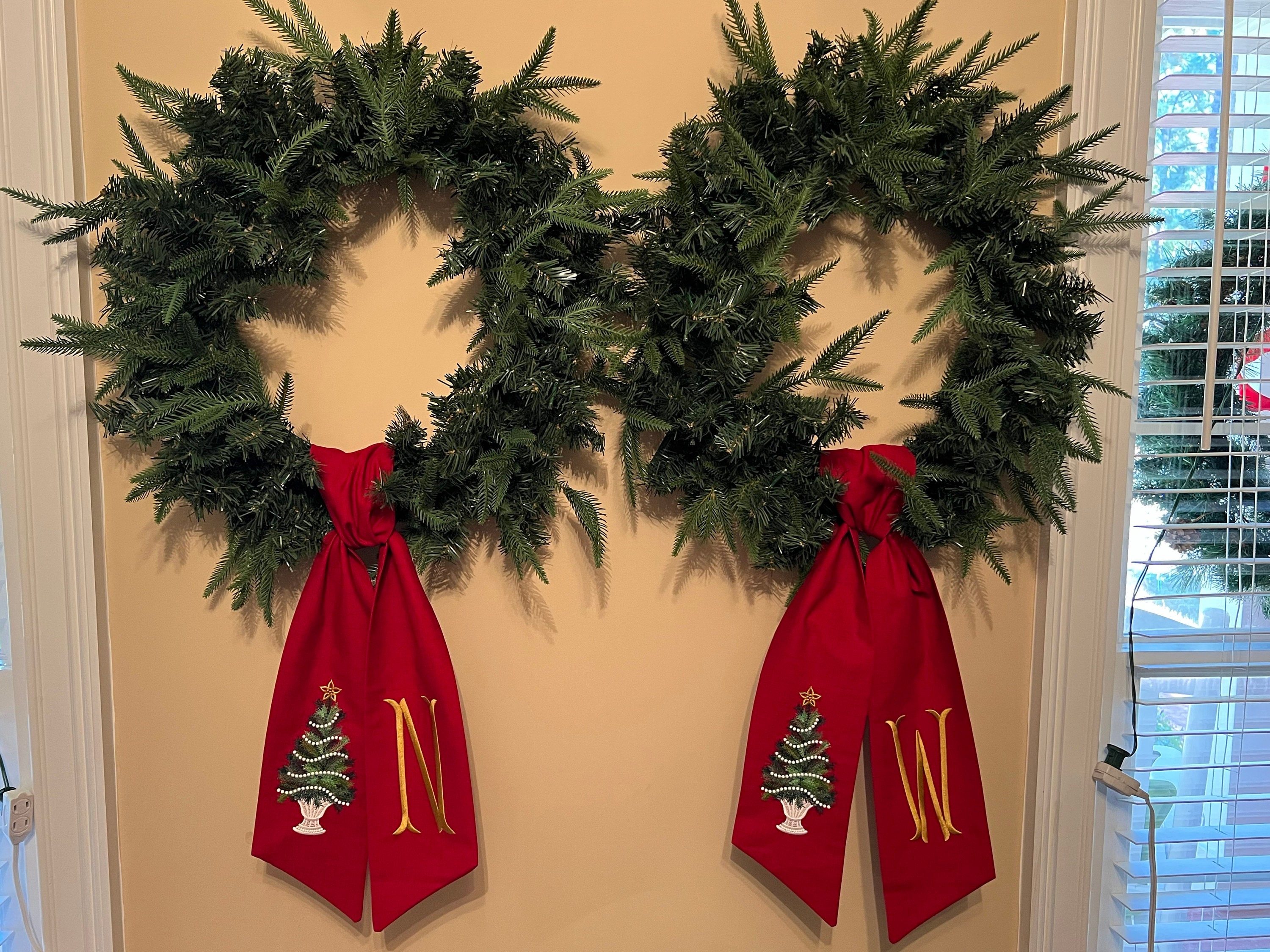 Emerald Green XL Christmas Tree Wreath Sash with Monogram, Wreath Bow, Front Door Christmas Decoration
