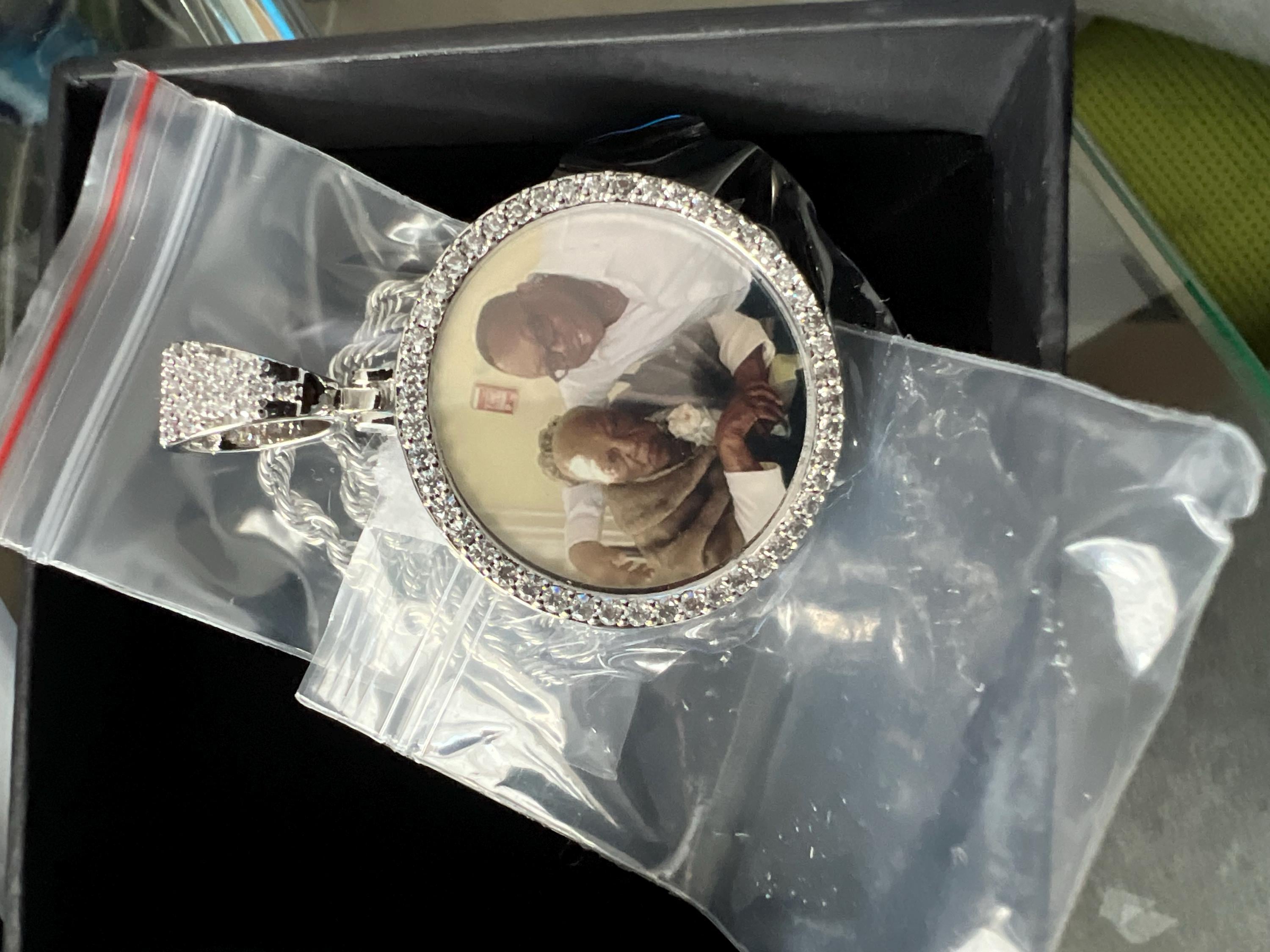 Personalized Diamond Studded Angel Wings Photo Necklace, Photo Necklace, Hip Hop Photo Pendant, Iced Custom Round Photo Pendant