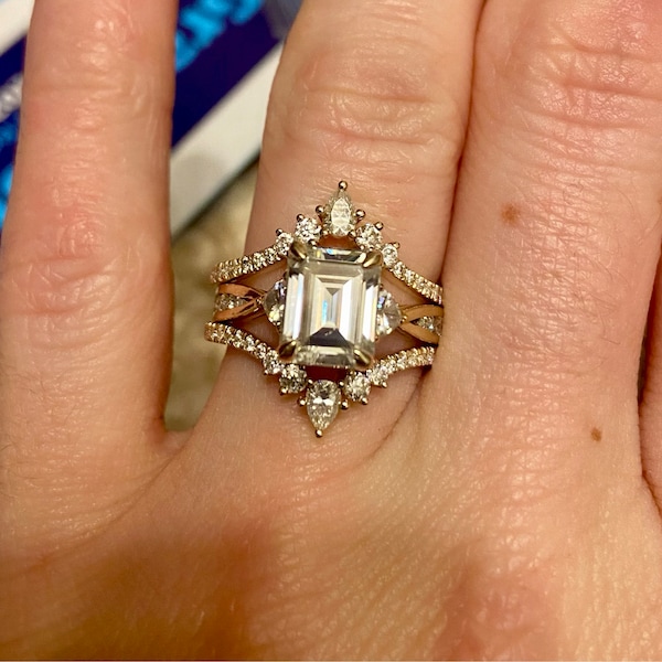 Unique Pear Shaped Moissanite Double Curved Wedding Band Solid Gold ...