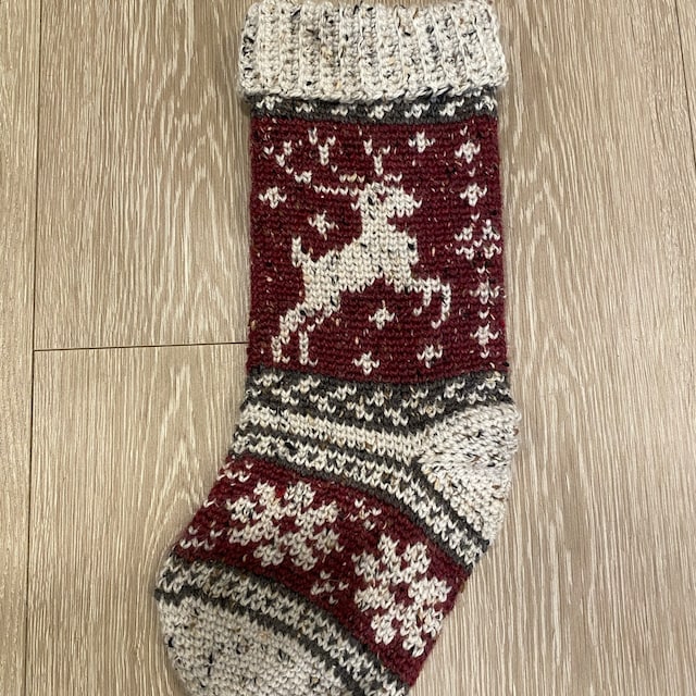 A customer's finished Prancing Deer Stocking Crochet Pattern