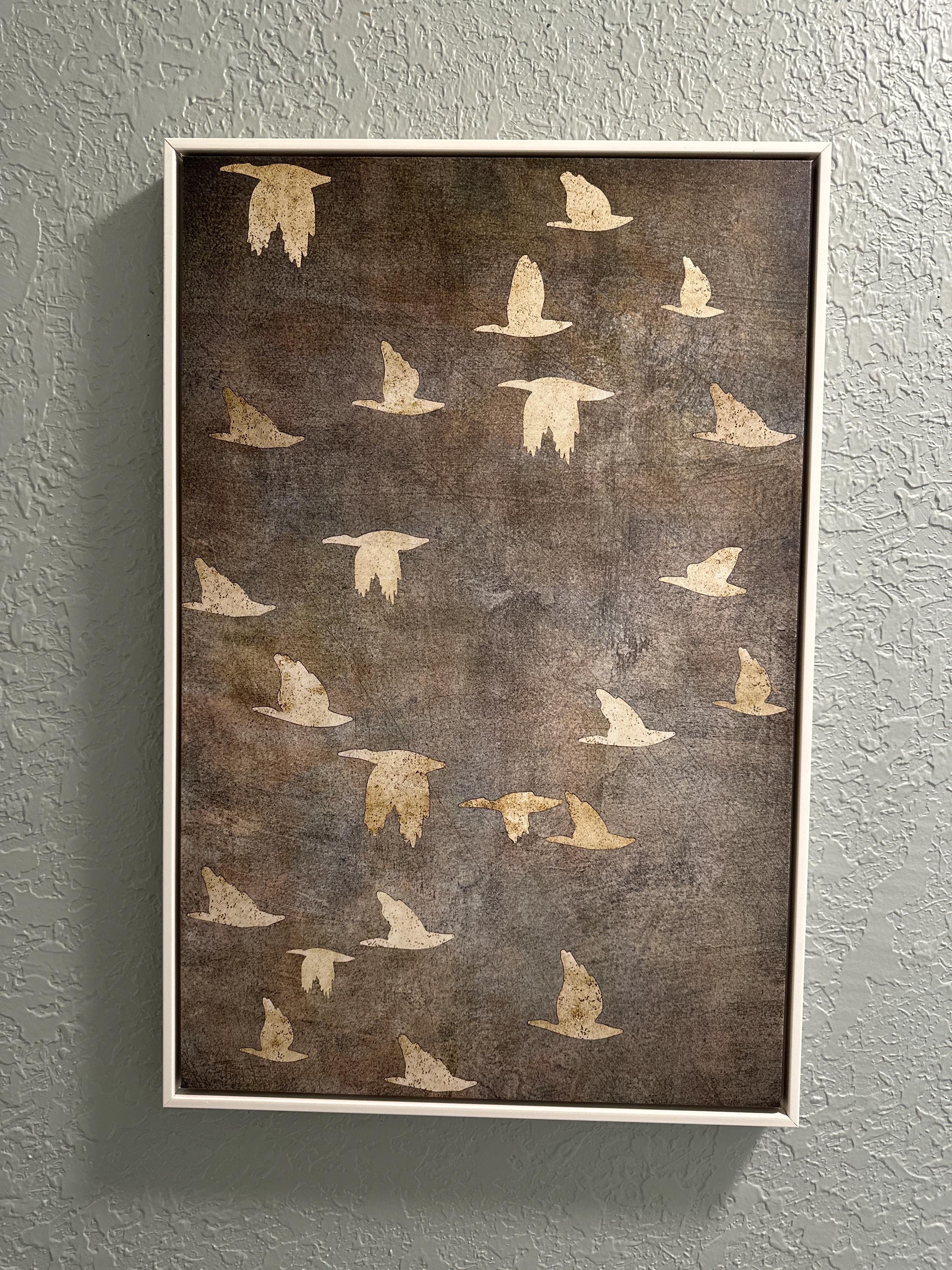 Framed Canvas Wall Art Prints Abstract Flying Flock of Birds in Neutral Tones Rustic Nature Wall Decor Minimalist Artwork Living Room Decor