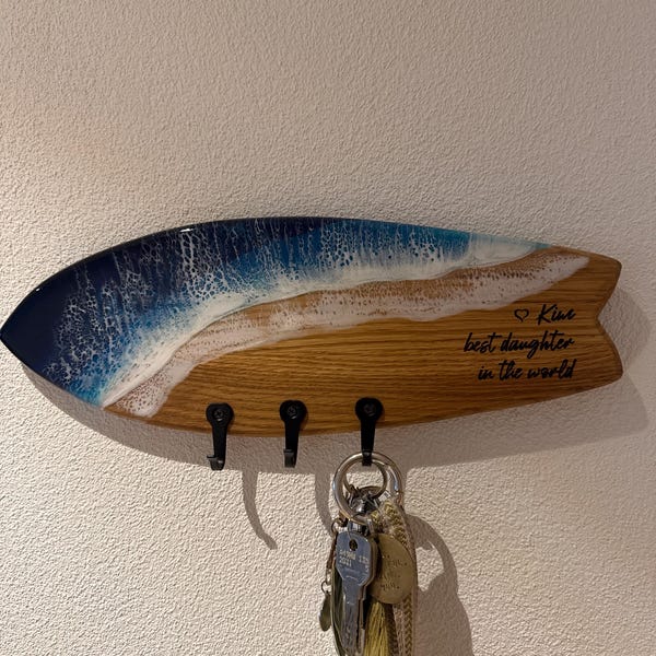 Personalized Surfboard Oak Small Key Holder for Wall, Beach Resin Wood ...