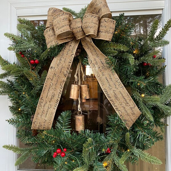 Rustic Burlap Farmhouse Christmas Bow, Christmas Holidays Script Burlap ...