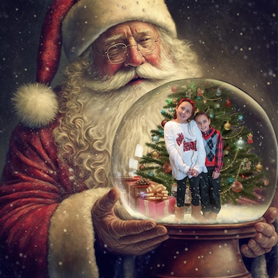 Santa Claus Holding Snow Globe Digital Background, Christmas Digital