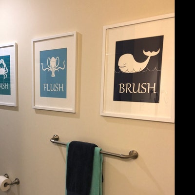 Bathroom Art Prints Set of 3, Brush, Flush, Wash Nautical Bathroom Art ...