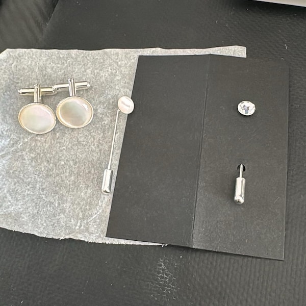 mother of pearl cufflinks and tie pin