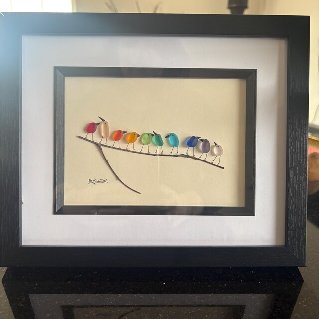 宝物♡Sea glass art Sea Glass Rainbow Fish Art: Framed Pebble Picture, Handmade