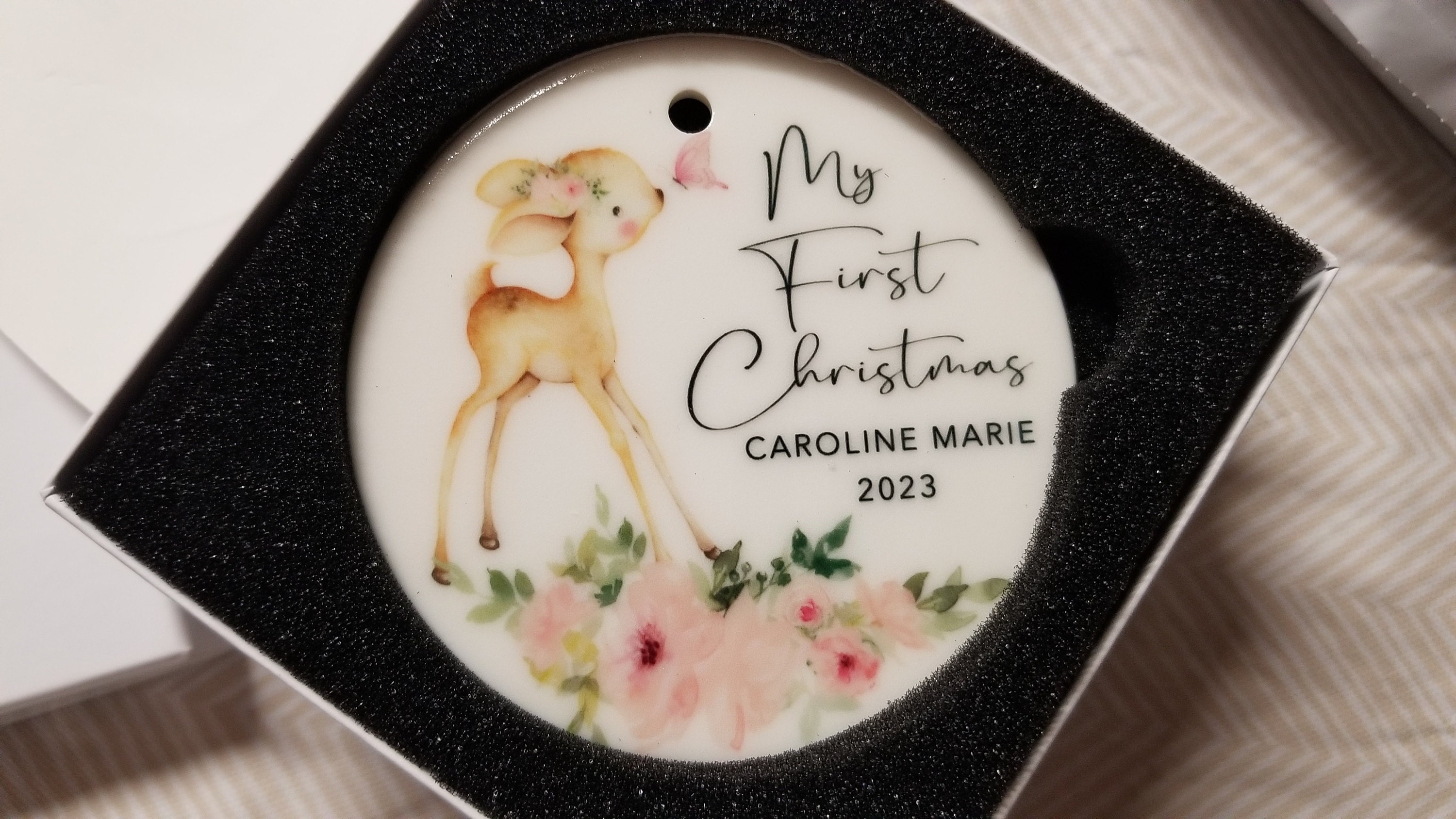 Baby&#39;s First Christmas Ornament - Personalized Baby Girl Deer Christmas Ornament