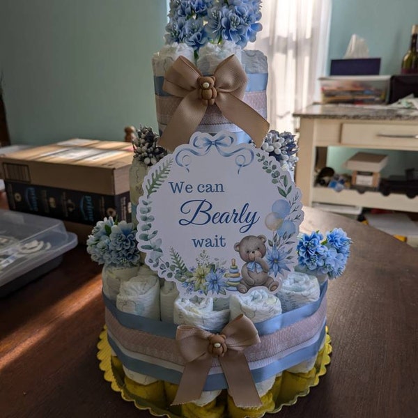Boy Baby Shower Teddy Bear Diaper Cake 3 Tier Large Gift, Brown Bear ...