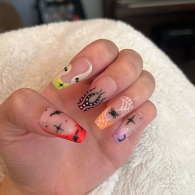 Press on Nails Rainbow Swirl Almond Coffin Stiletto Square - Etsy